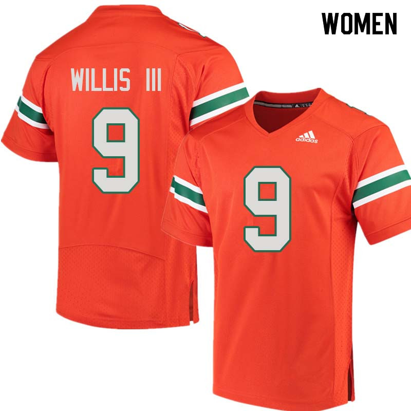 Women Miami Hurricanes #9 Gerald Willis III College Football Jerseys Sale-Orange - Click Image to Close